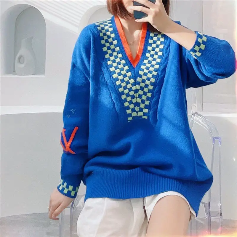 2021 Maglione Scollo A V Blu Pullover A Maniche Lunghe Da Donna Design A Maglia Allentata, Maglioni Donna Camicetta Dimagrante