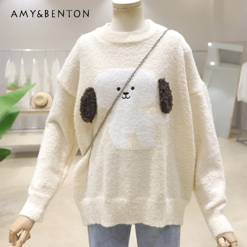 Cute Cartoon Peluche Jacquard Maglieria 2023 Autunno Inverno Selvaggio Sciolto Dimagrante Addensato Girocollo Pullover Maglioni Donna Maglioni