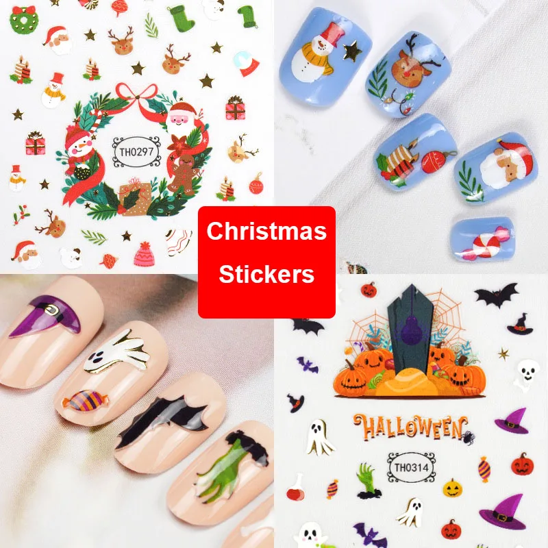 Christmas Nail Art Stickers Press On Nails Polish Pegatinas Manicure Decorations Sliders Foil Decals Snowman Halloween Adesivi
