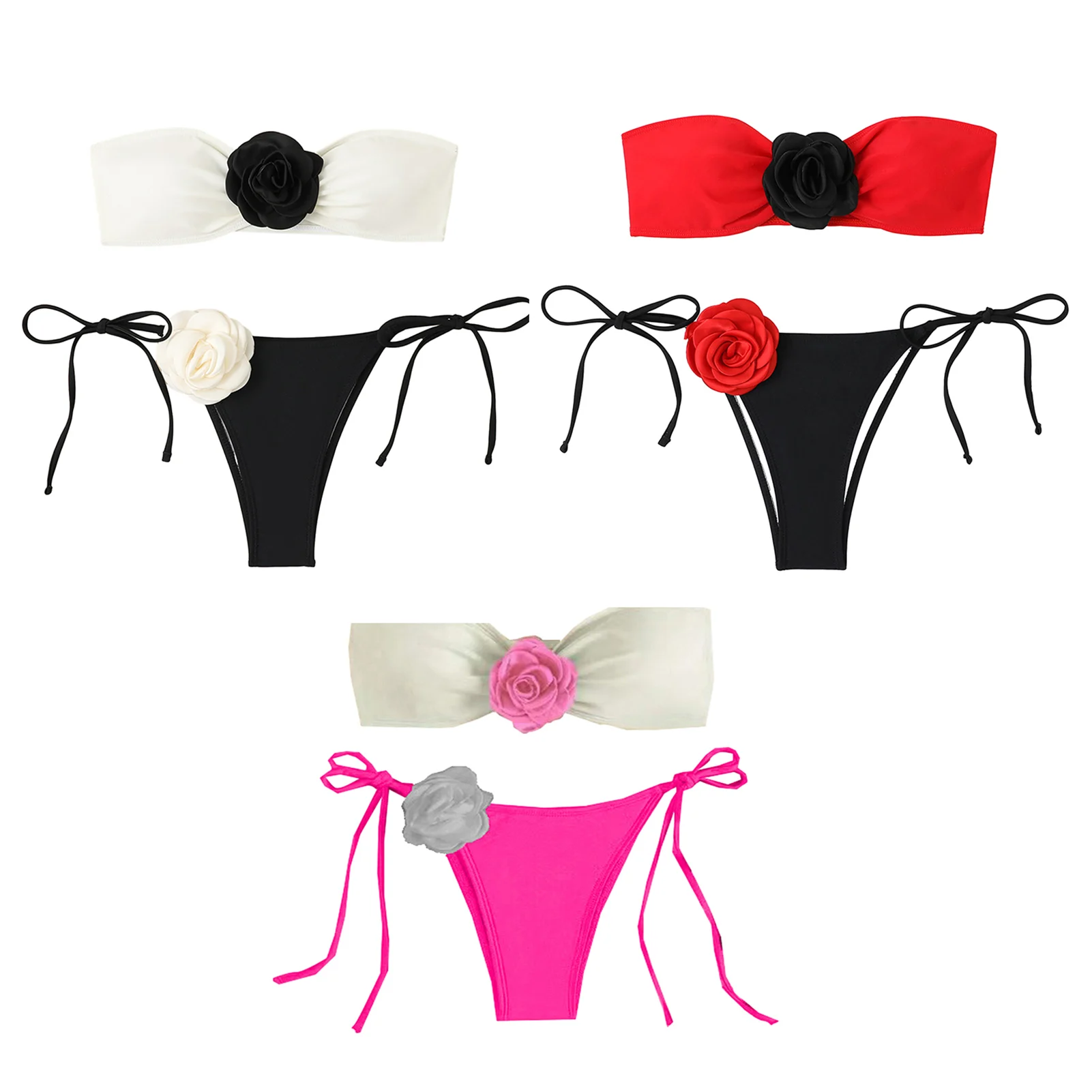 Costume Da Bagno Bikini 2 Pezzi Da Donna 3D Flower Bandeau Bikini Tie Side Triangle Bikini Costume Da Bagno Per Donna Teen Girls Swimwear