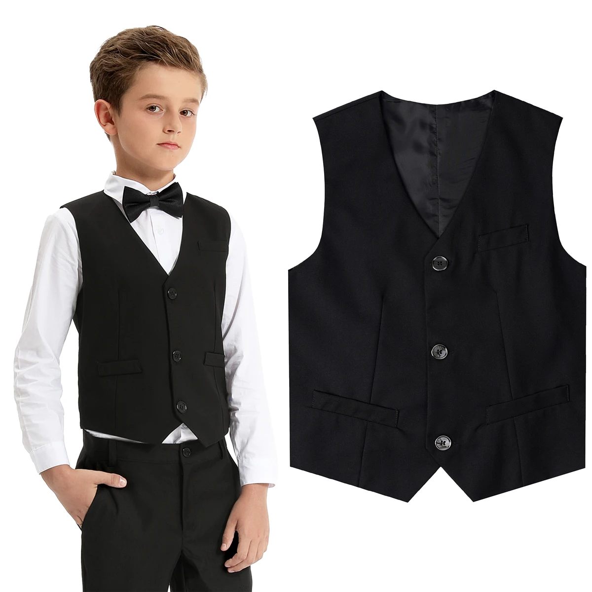 Black Vest Boys Dress Suit Kids Blazer Toddler Wedding Formale Piano Performance Gilet Bambini School Party Navy Clothes