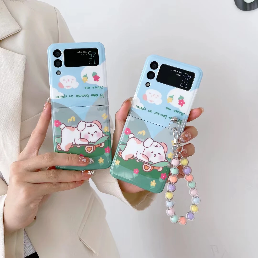 Kawaii Cute Skateboard Dog T Pattern Imd Case Per Samsung Galaxy Z Flip4 /3 5G Hand Chain
