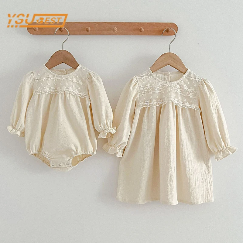 Primavera Neonato Bambini Neonate Manica Lunga Sorelle Di Colore Solido Vestito Autunno Neonate Vestiti Di Pizzo Pagliaccetti