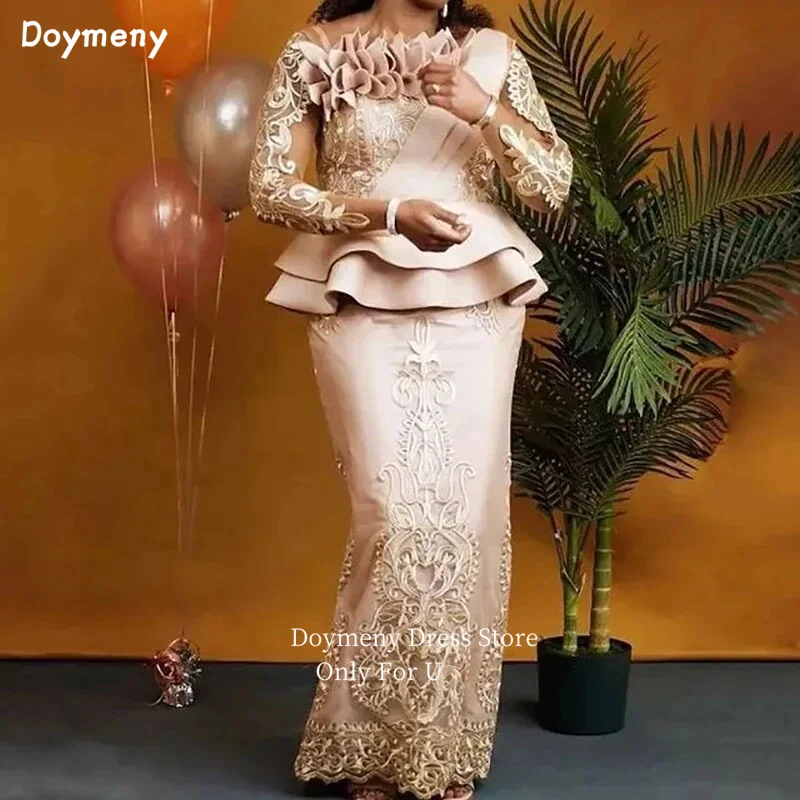 Doymeny Abiti Da Sera A Sirena Africana Pizzo Di Raso Maniche Lunghe Ruffles Peplo Appliques Abito Da Ballo Vestidos De Fiesta