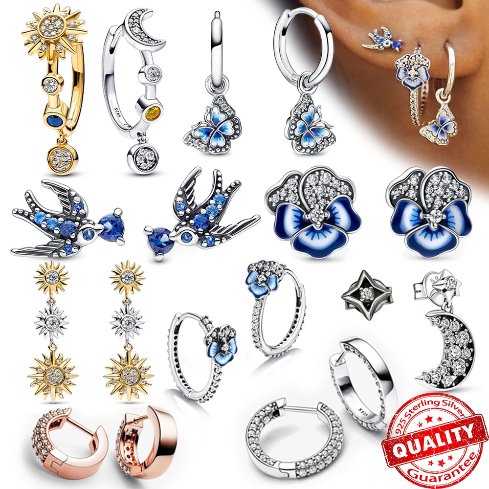 Pendientes De Plata De Ley 925 Para Mujer, Aretes De Esmalte Azul, Flor De Pansy, Joyeria Pandora,