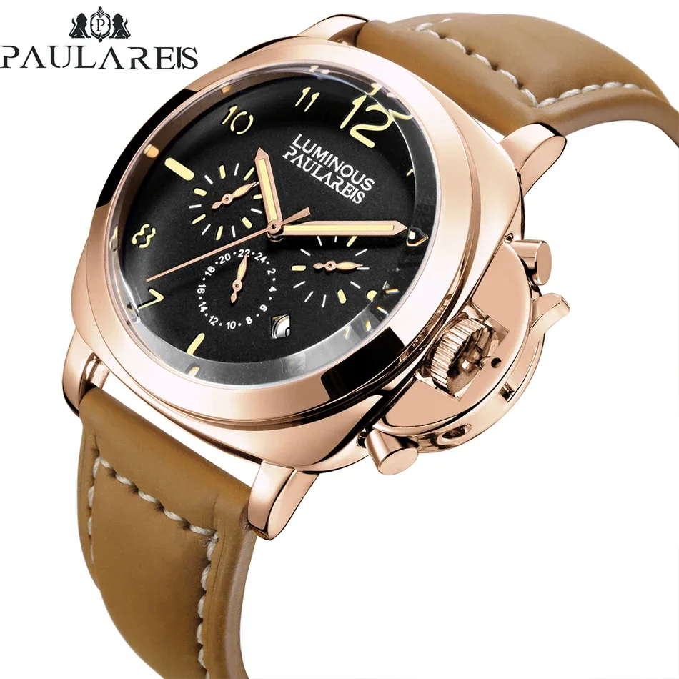 Orologio Automatico Per Uomo Meccanico In Vera Pelle Marrone Multifunzione Data Mese Giallo Verde Oro Rosa Reloj Hombre Baratos