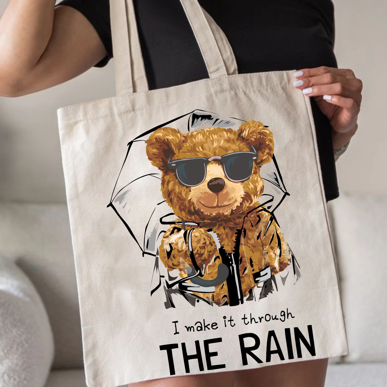 Blingpaw Canvas Tote Bag 100% Cotone Borse Per La Spesa Riutilizzabili Eco Bolsa Teddy Bear Le Make Through The Rain Quotes Print