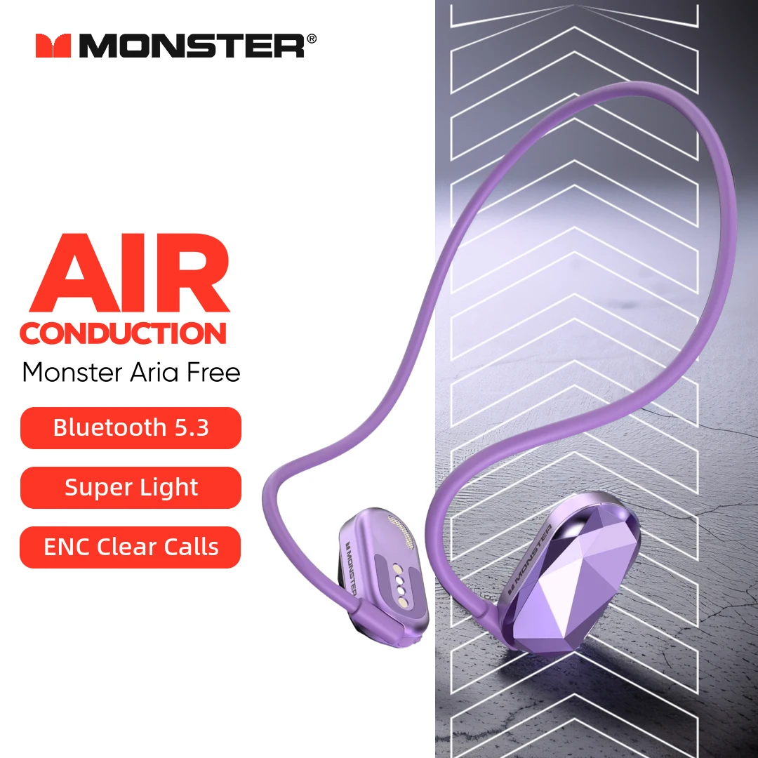 Monster Aria Free Sports Headphones Air Conduction Wireless Bluetooth 5.3 Auricolari Ipx5 Enc Ganci Per Le Orecchie Con Cancellazione Del Rumore Con M