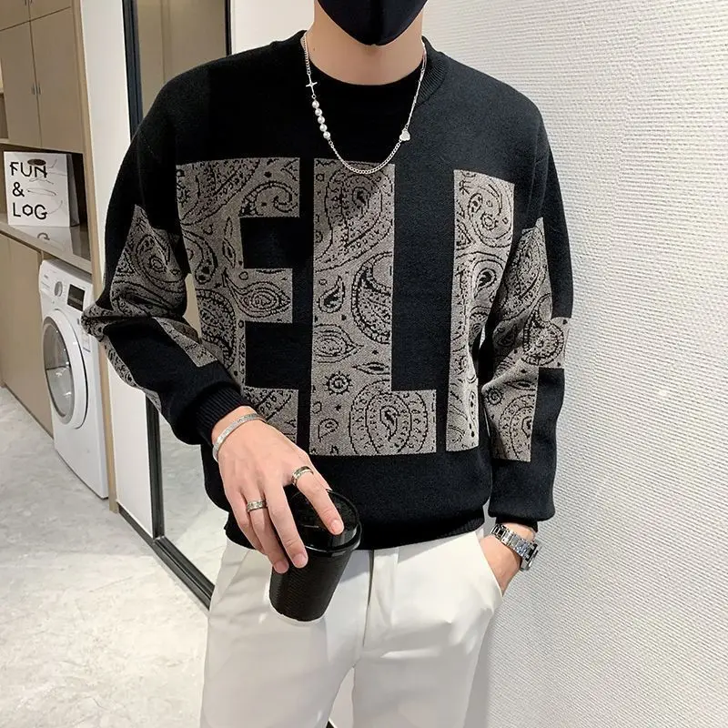 Abbigliamento Uomo Lettera Maglioni Lavorati A Maglia Per Uomo Pullover Nero Girocollo Grafico Girocollo Moda 2023 Coreano Caldo Y2K Vintage X
