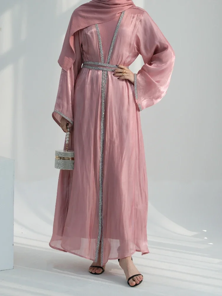 Abaya Musulmano Per Le Donne Vestito Eid 2 Pezzi Set Diamante Marocco Ramadan Lace-Up Abaya Caftano Islam Cardigan Dubai Arabo Abito Lungo