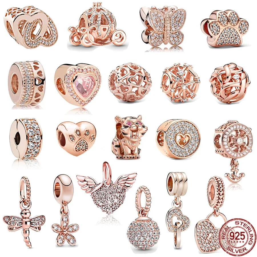 Abalorio De Plata De Ley 925,Estampado De Pata Brillante Y Mariposa Pavé, Compatibile Con Pulsera Pandora Originale,
