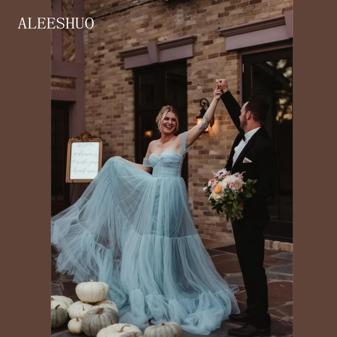 Aleeshuo Mist Blue Tulle Prom Dress A-Line Elegante Off Spalla Muslimex Senza Maniche Plus Size Vestido De Festa Noite