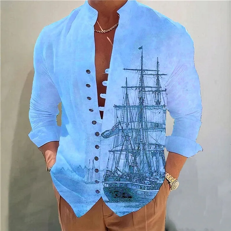 Nuova Camicia A Maniche Lunghe Da Uomo Con Stampa A Barca A Vela Da Uomo Di Moda Primaverile E Autunnale Transfrontaliera