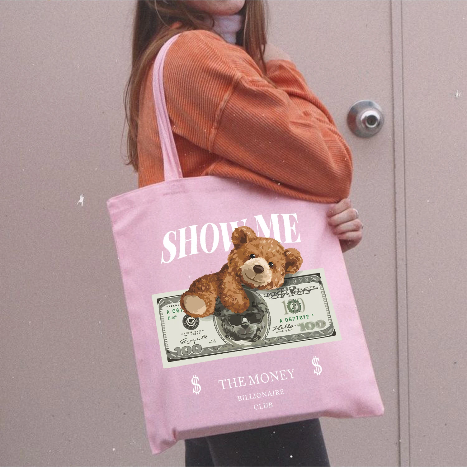 Blingpaw Canvas Tote Bag 100% Cotone Borse Per La Spesa Riutilizzabili Eco Bolsa Teddy Bear Show Me The Money Quotes Print