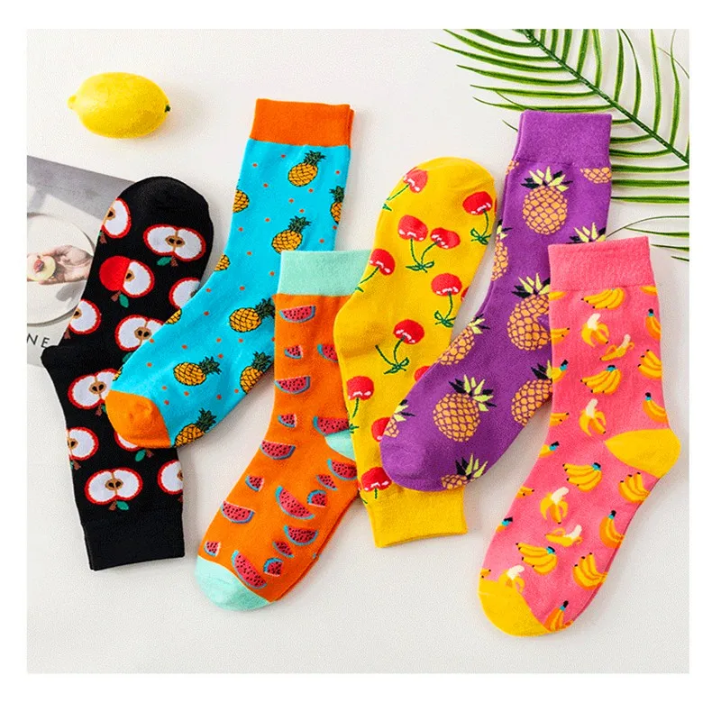 1 Paio Di Calzini Da Donna In Cotone Cartoon Lovely Apple Banana Ananas Cheery Print Funny Casual Girls Calze Streetwear Harajuku Sox