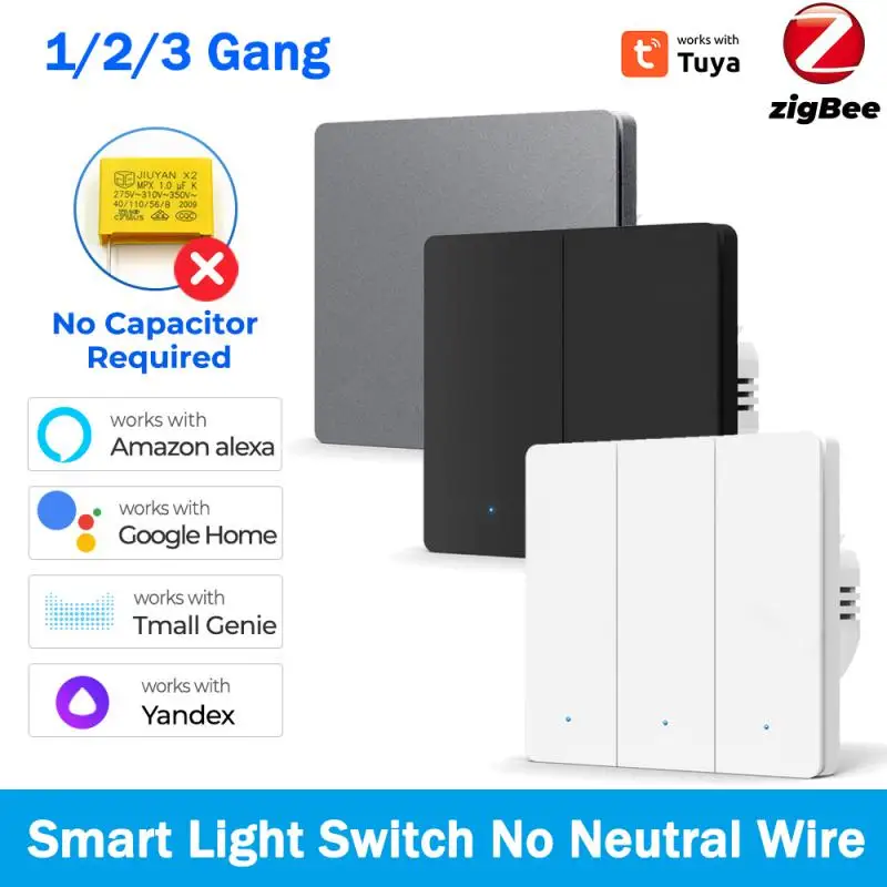 1/2/3Gang Tuya Zigbee Smart Light Switch No Neutral Wire No Condensatore Interruttore A Pulsante Smart Life Funziona Con Alexa Google Home
