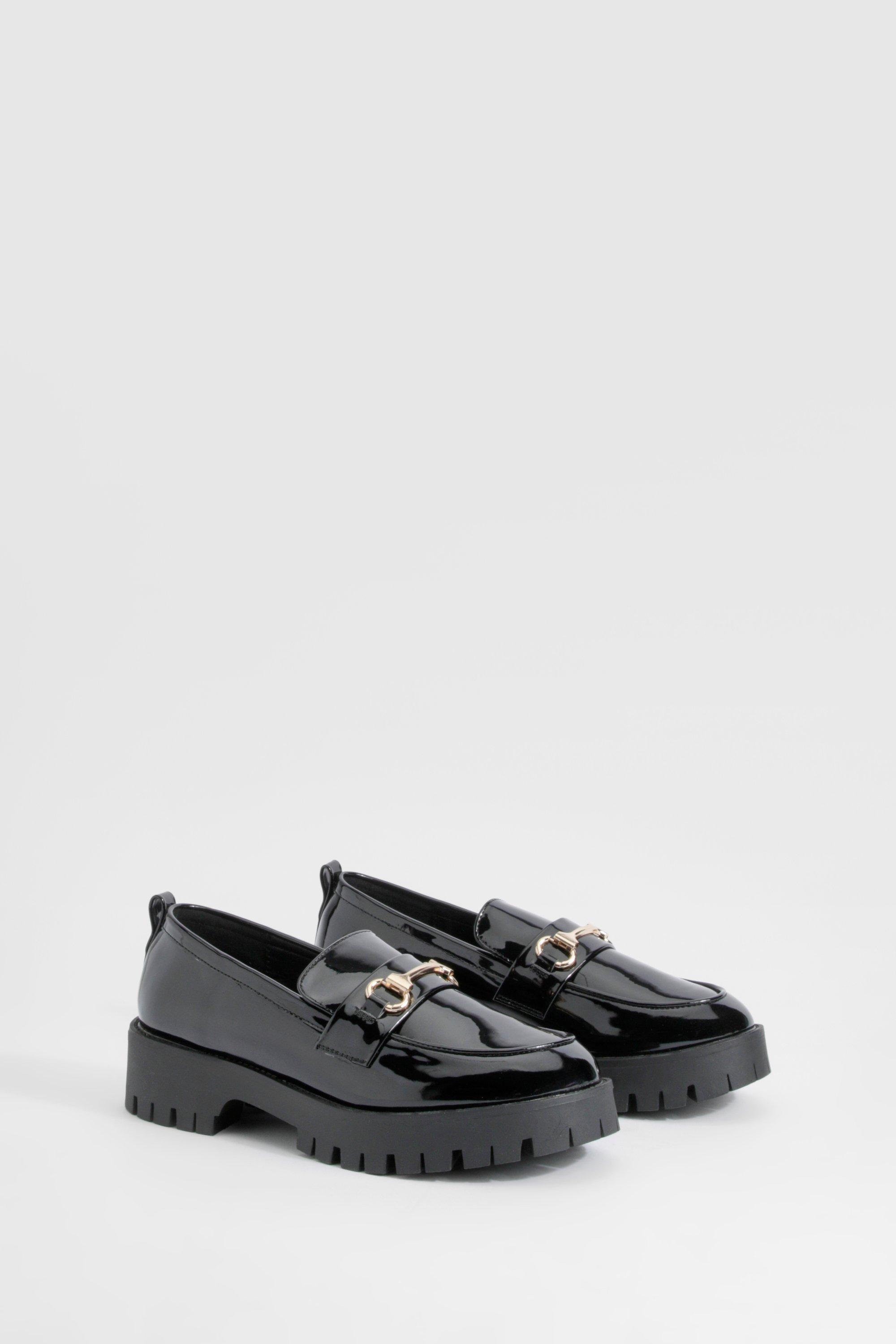 Wide Fit Patent Chunky T Bar Loafers, Nero