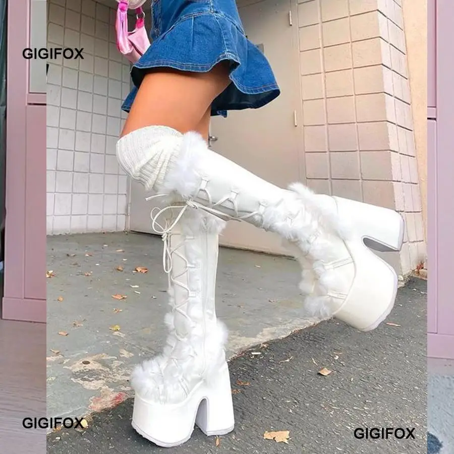 Gigifox Platform Stivali Pelosi Chunky High Heeled Inverno Autunno Stivali Alti Al Ginocchio Donna Faux Fur Zip Stile Gotico Scarpe Punk Da Donna