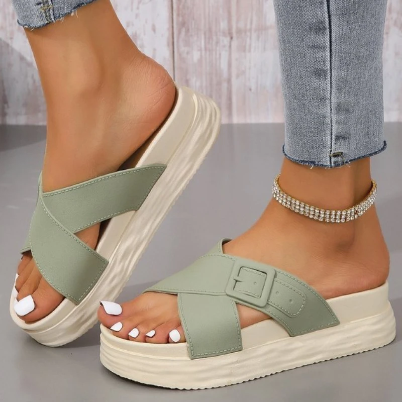 Pantofole Femminili Con Fondo Spesso Estate Sandali Con Fibbia Per Cintura In Stile Coreano Moda Scarpe Da Spiaggia In Tinta Unita Sandalias Comodas D