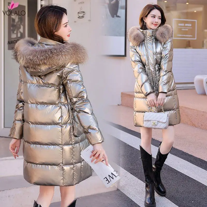 Piumini Blu Oversize Lunghi X Da Donna Spessi Casual Con Spalline Di Pelliccia 2024 Piumini Da Donna Invernali Con Cappuccio Solid Piumini Donna