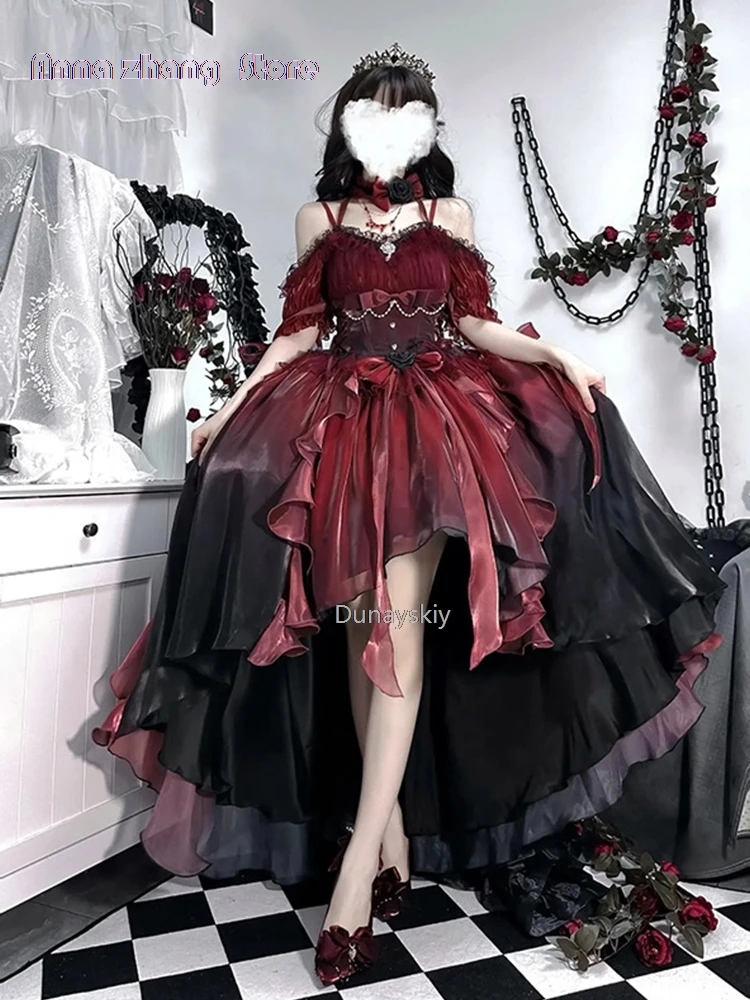 Abito Da Sposa Fiore Rosso Sposa Scuro Cos Abito Lolita Abito Op Lolita Heavy Industry Trail Puffy Princess Dress, Lolita Cosplay