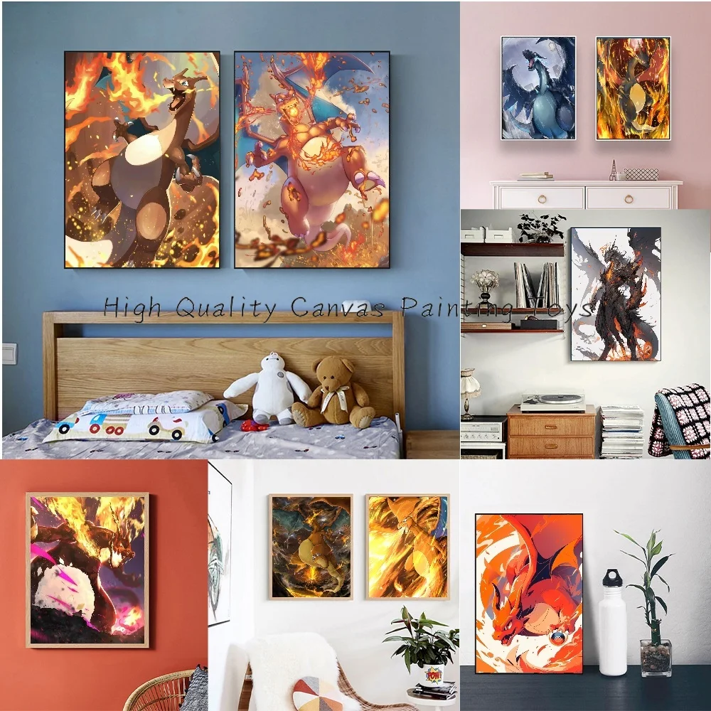 Affiche Pokemon Dracaufeu Anime Figures Charizard Peripheque Art Mural Peinture Sur Toile, Décoration De Chambre Moderne Image