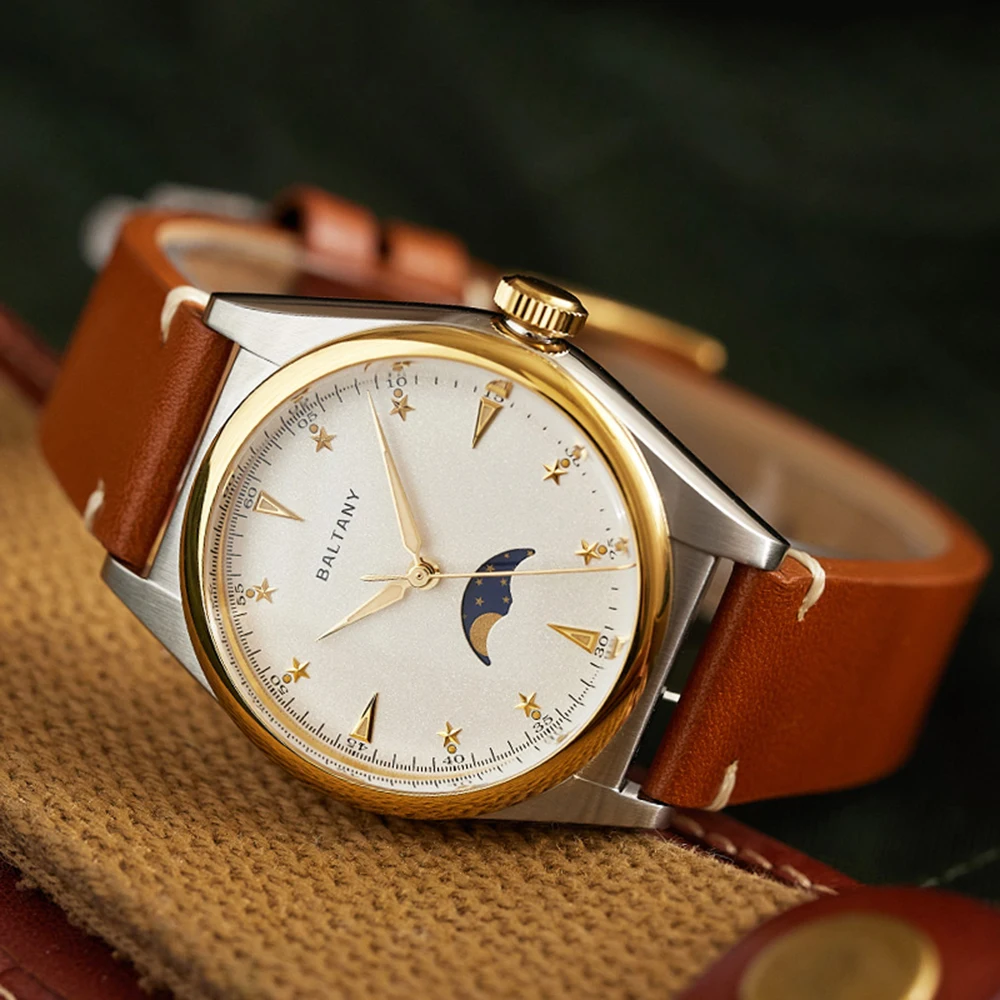 Ballany Vintage Dress Watch Men 36Mm Moon Phase Orologi Business Orologi Da Polso Al Quarzo Bubbleback 100M Orologi Luminosi Impermeabili