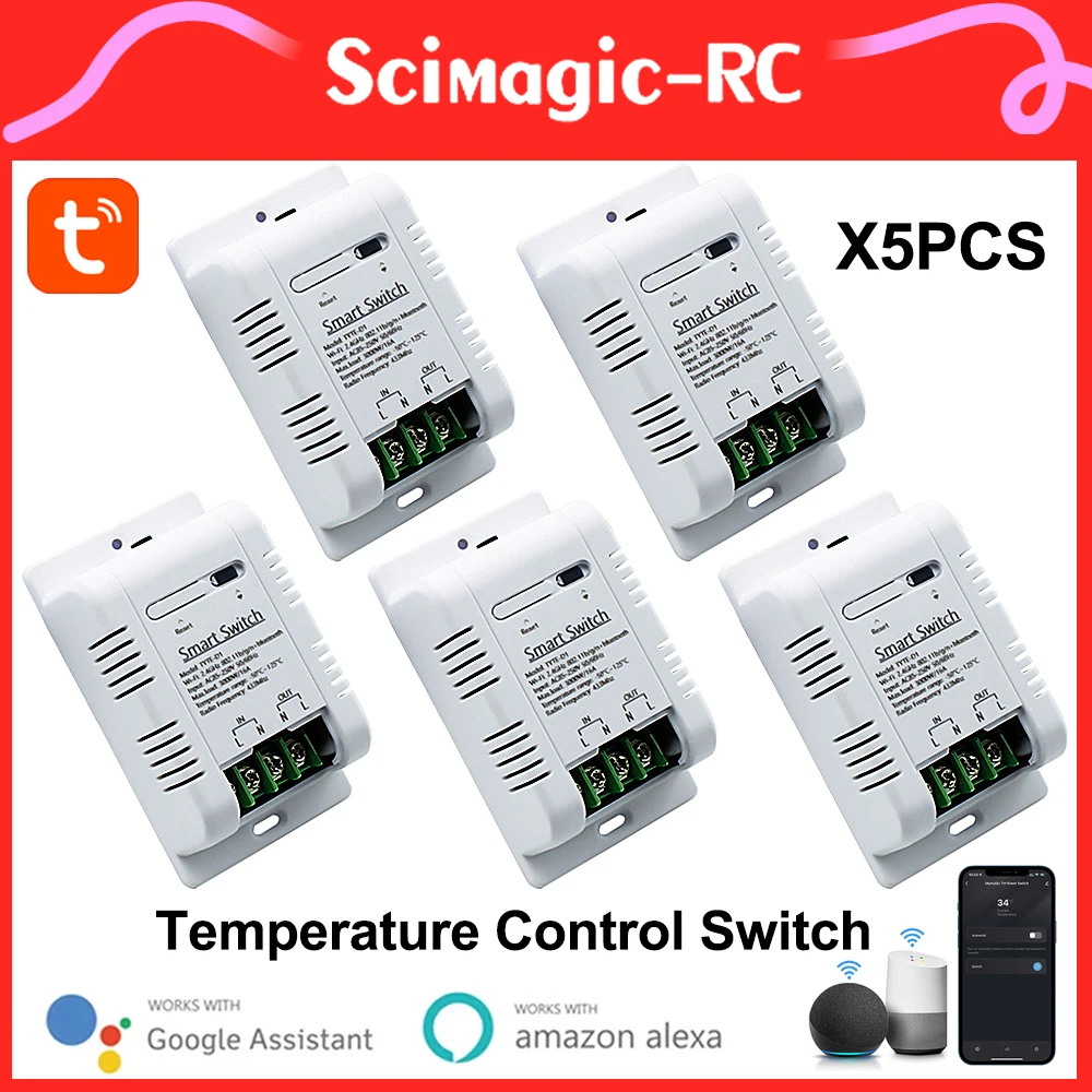 5 Pcs Tuya Smart Temperature Switch Ds18B20 Sensor 16A 3000W Funziona Con Alexa Google Home