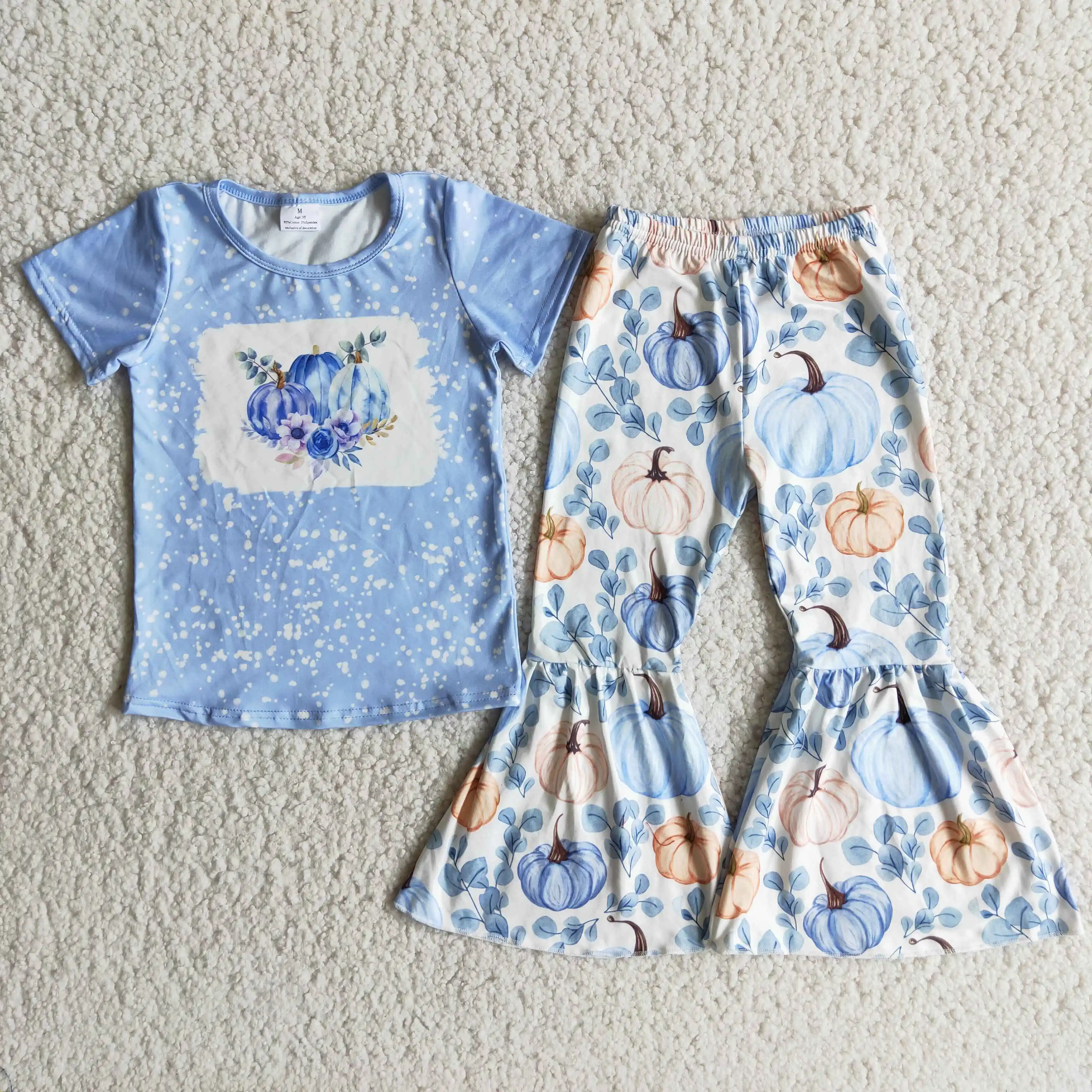 Halloween Boutique Kids Clothing Girls Outfits Pumpkins Baby Girls Clothes Short Sleeves Bell Bottom Pants Fall Kids Outfits