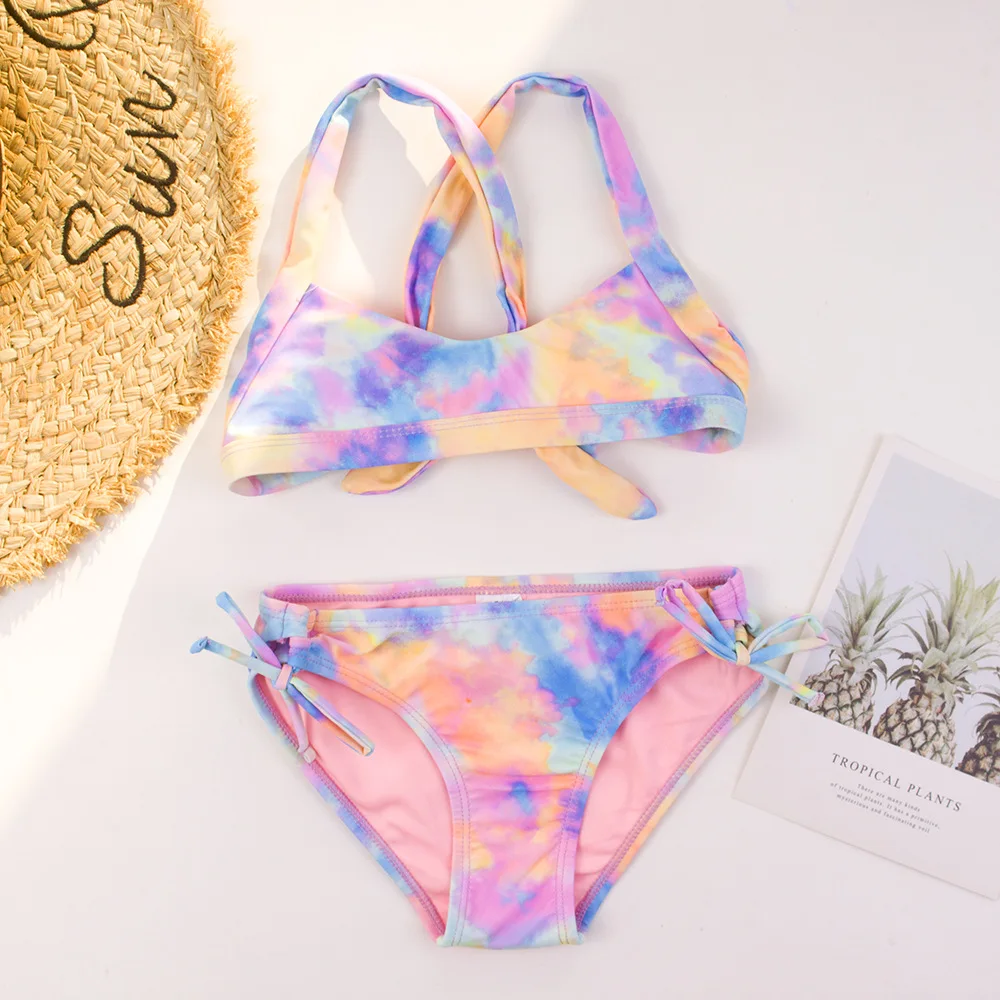 Teen Kids Girls Bandage Bikini Set Tie-Dye Print Summer Children Kids Costume Da Bagno Studenti Ragazze Due Pezzi Costumi Da Bagno Costume Da Bagno
