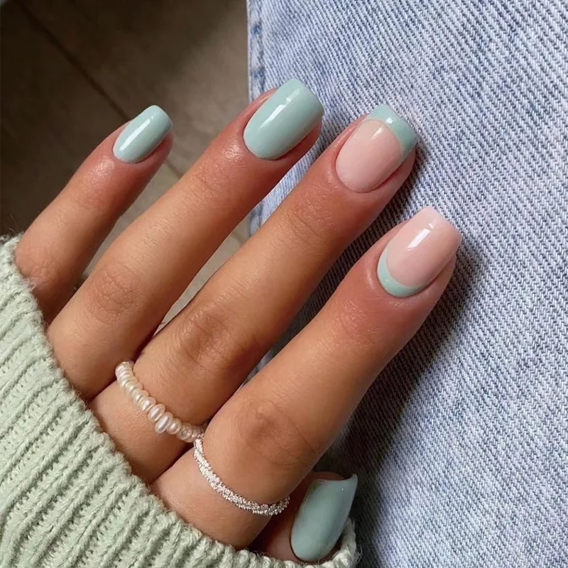 Baby Blue French Wearable Nail Art Fashion Glossy Solid Color Fake Nails Detachable Finished False Nails Press On Nails