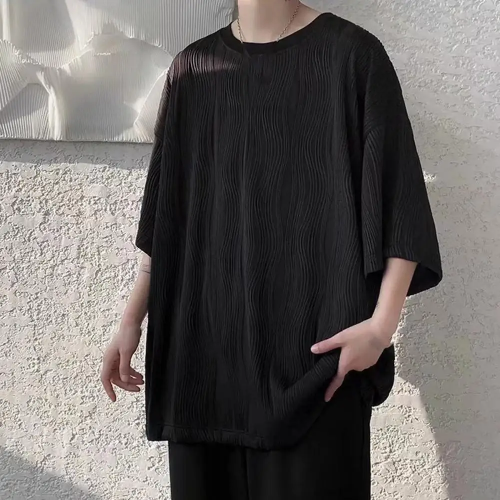 Summer Men T-Shirts Waved Texture Teenager Loose T-Shirts Male Clothes Solid Color Half Sleeves Pullover Soft O Neck Men Tops