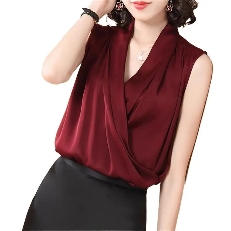 Fashion Women Ice Silk Tank Tops Loose Sleeveless T-Shirt Cross V-Neck Folds Elegant Shirts Solid Satin Slim Basic Vest 10 Color