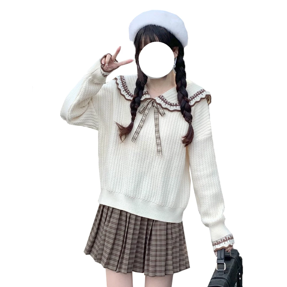 Teen Girls Sweet Autumn Jacquard Weave Preppy Style Sailor Collar Maniche Lunghe Papillon Pullover Cremoso Maglione Donna