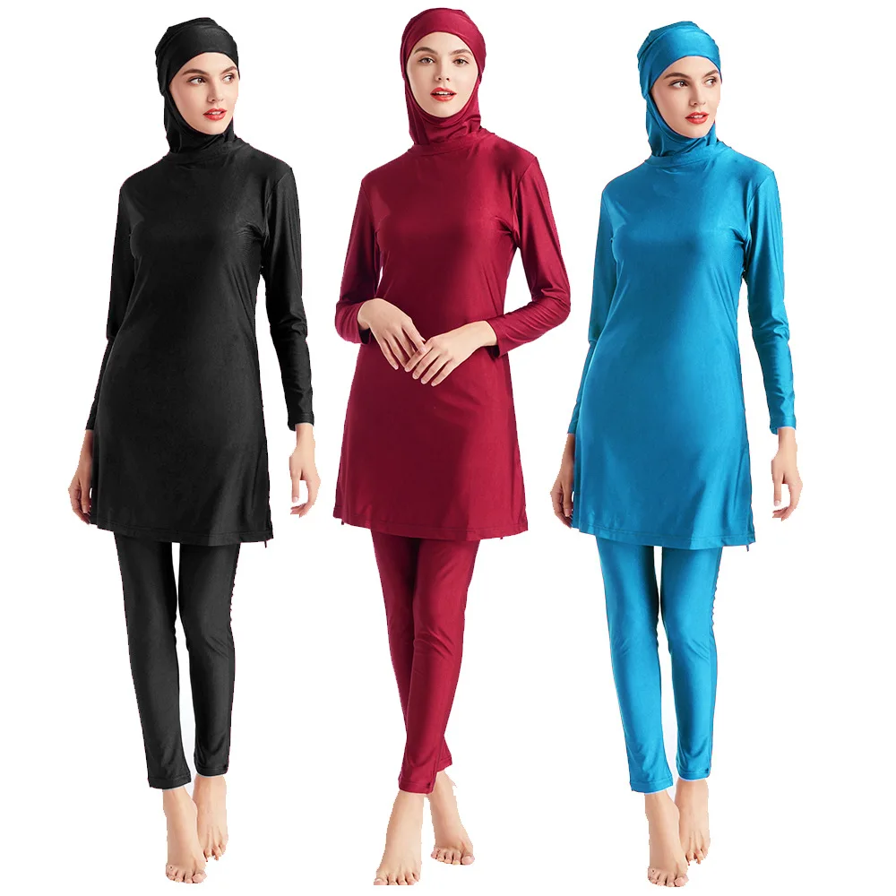 Burkini Muslim Swimwear Solid Color 3Pcs Hijab Swimsuits Large Size S-6Xl Long Sleeve Swimming Bathing Sets Islamic Beachwear