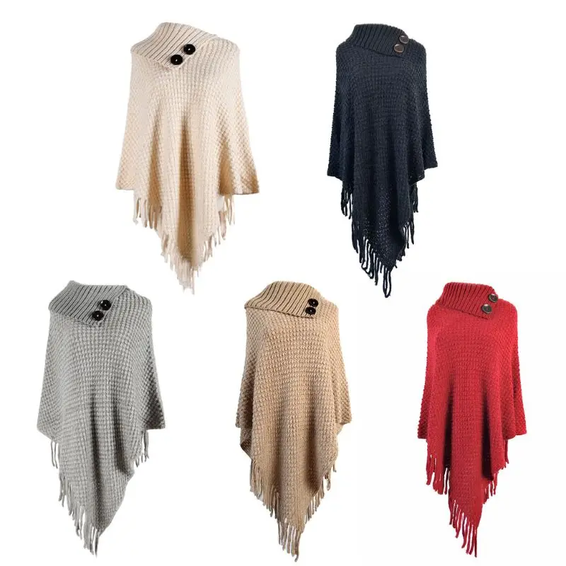 Maglia Da Donna Pullover Maglione Scialle Avvolgente Colletto Semiaperto Bottoni Nappa Mantella Dropship