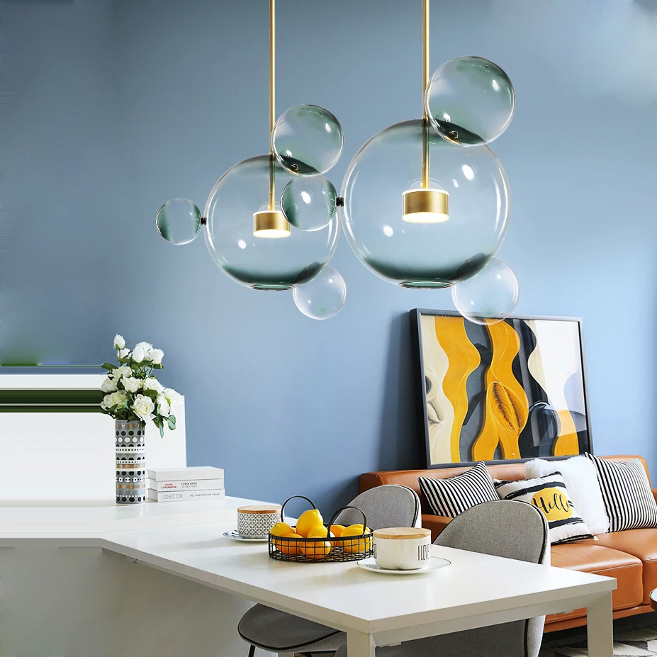 Lampara Led De Hierro Posmoderno Para Comedor, Candelabro De Cristal Transparente Azul Y Blanco, Lustro Iluminacion, Luminaria