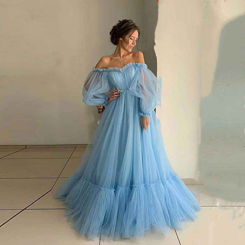 Blu Abiti Da Sera Maniche Lunghe Pieghe Sweetheart Neck Off Spalla Di Modo Vestiti Eleganti Donna Cerimonia Sera