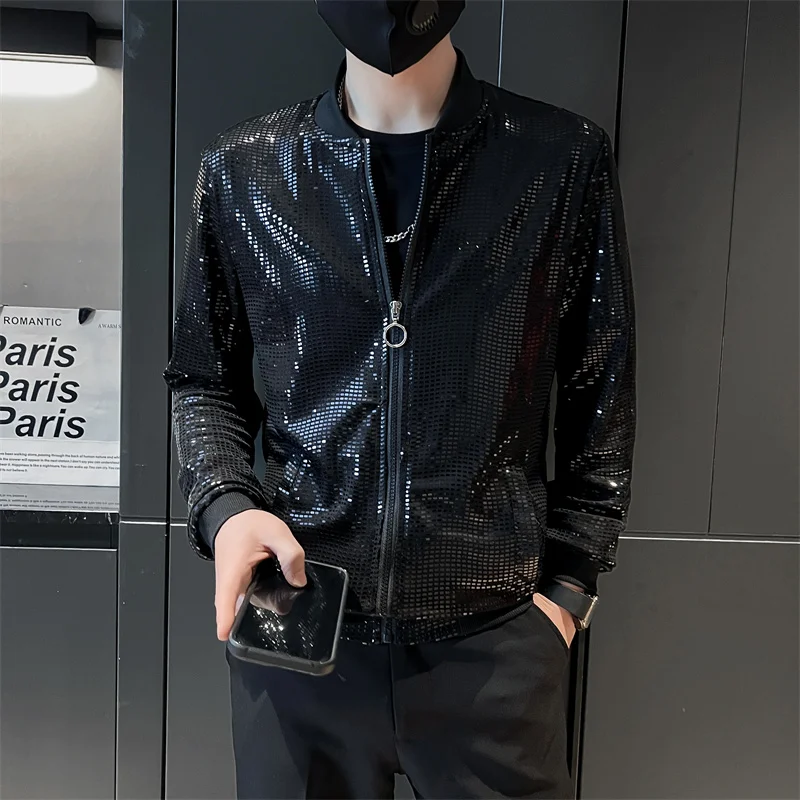 Y2K Mens Streetwear Night Club Stage Giacche Da Moto Sottili Jas Men Hip Hop Black Paillettes Bomber Jacket Coat Fashion Clothing