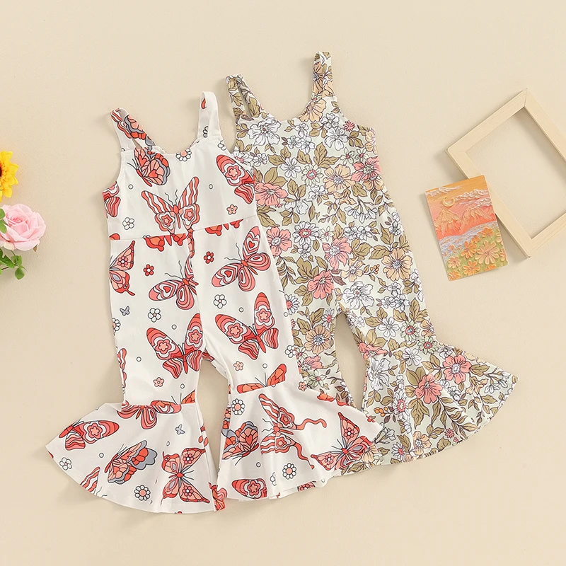 Toddler Kids Neonate Summer Flare Tute Pagliaccetti Senza Maniche Con Stampa Floreale/Farfalla Pagliaccetti Con Fondo A Campana