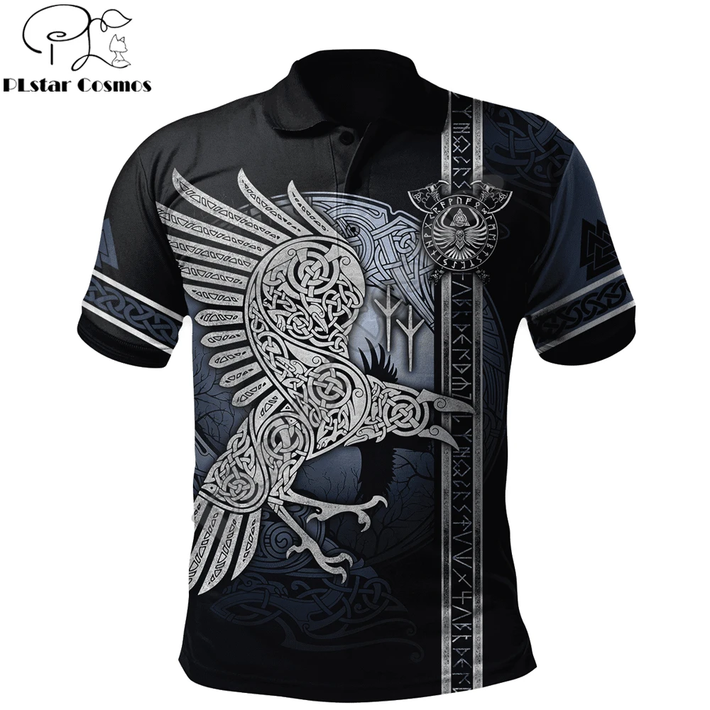 Mjolnir Odin Raven Tattoo 3D Printing Mens Polo Shirt Estate Manica Corta T-Shirt Streetwear Casual Polo Top Wk02