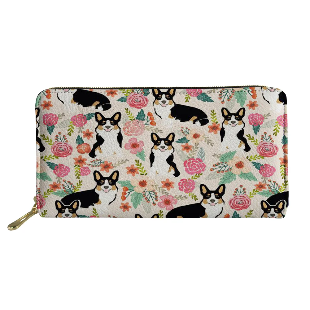 Borsa Da Donna Corgi Dog Stampa Floreale Portafoglio Da Donna Con Pochette Lunga Portafogli Di Grande Capacità Portamonete Da Donna In Pelle Carta Tel