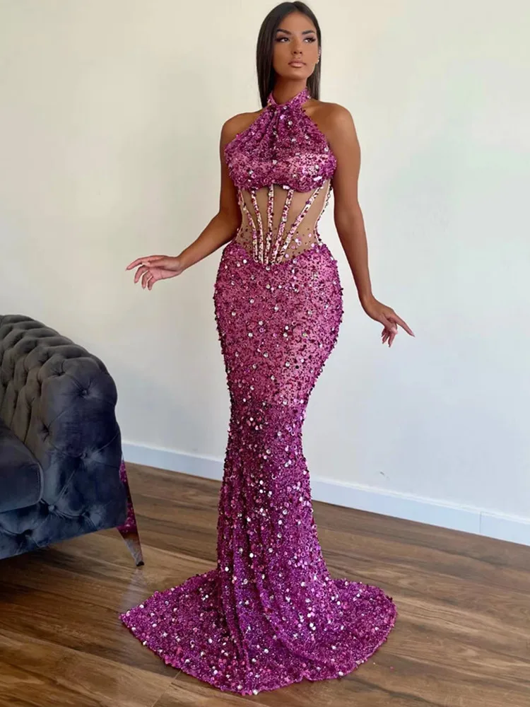 Donne Rose Luxury Prom Gowns Halter Paillettes Perline Diamonds Gilitter Sparky Maxi Long Evening Party Formal Celebrity Dress