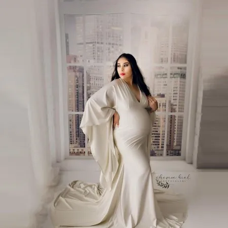 Eleganti Abiti Premaman Avorio Scollo A V Maniche Lunghe A Forma Di Sirena Plus Size Chiffon Abiti Personalizzati Per Servizi Fotografici