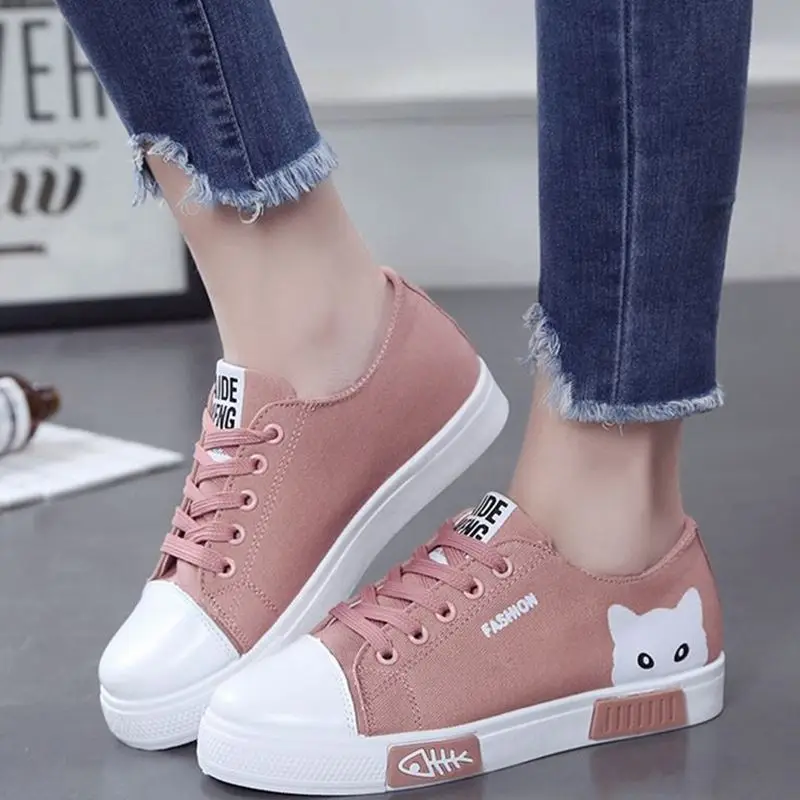 2021 Donna Vulcanizzata Donna Appartamenti Tela Donna Cartone Animato Gatto Piattaforma Sneakers Donna Scarpe Da Donna Punta Tonda Plus Size 41