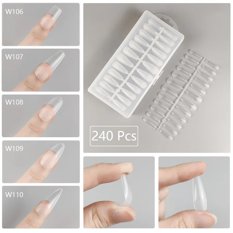 240Pcs Clear Traceless Nails Semi-Matte Almond Coffin Full Acrilico Square False Nail Tips Per Extension Tip Manicure Tool