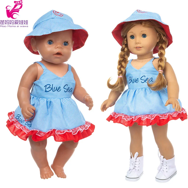 43 Cm Baby Doll Dress Hat Set 40Cm Nenuco Ropa Y Su Hermanita 18 "Girl Doll Blue Stripe Lace Dress