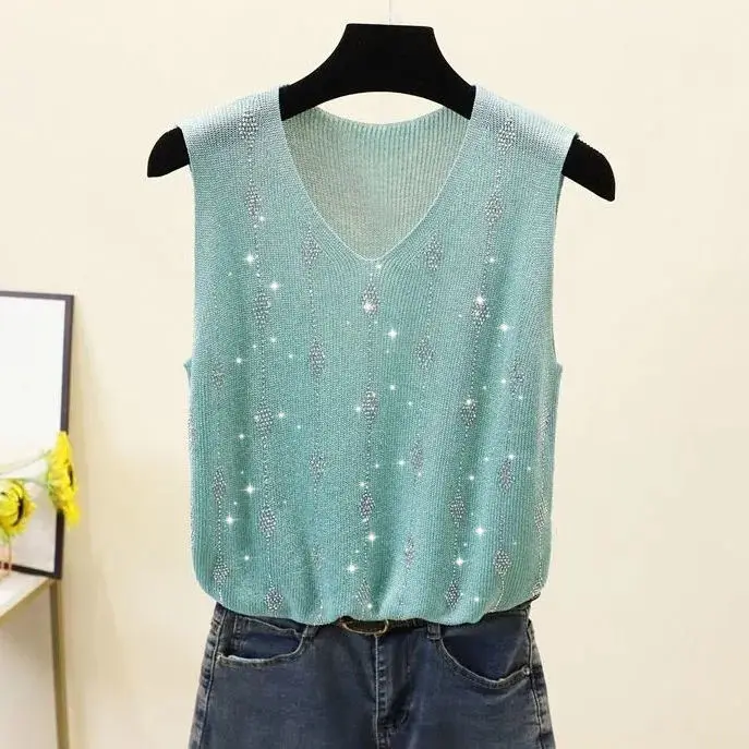 2022 New Rhinestone Summer Ice Silk Knit Tank Women Sleeveless Knit Diamond Vest Top  Women'S Loose Camisole Tops Green
