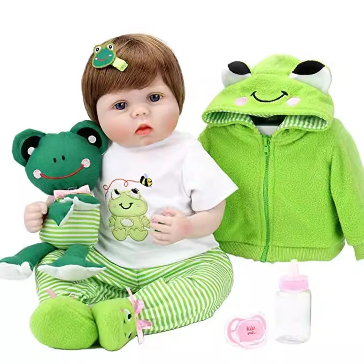 Cute Green Frog Clothes Sets Reborn Cloth Body Silicone Vinyl Baby Doll 55Cm Handmade Newborn Baby Doll Regali Di Natale Di Compleanno