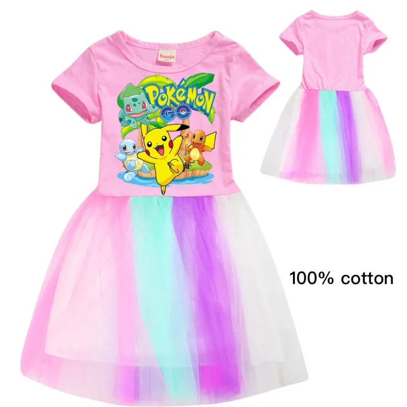 Anime Girls Dresses Pokemon Abbigliamento Summer Cotton Top Pikachu Figure Party Evening Kids Rainbow Skirt Lace Dress